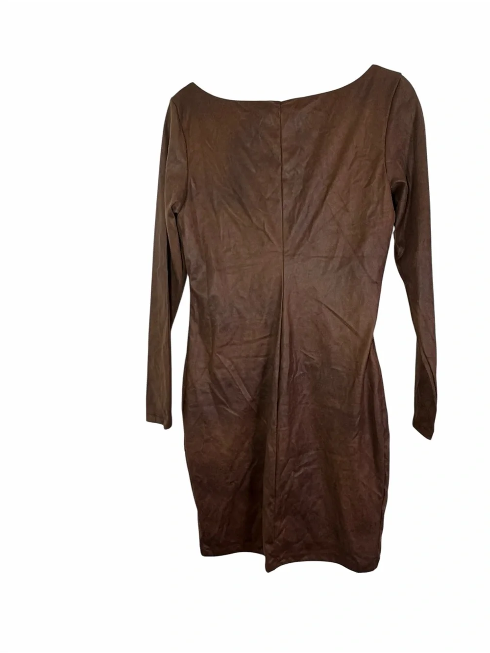 Long-Sleeve Brown Faux Suede Scoop Neck Dress - Picture 2 of 6